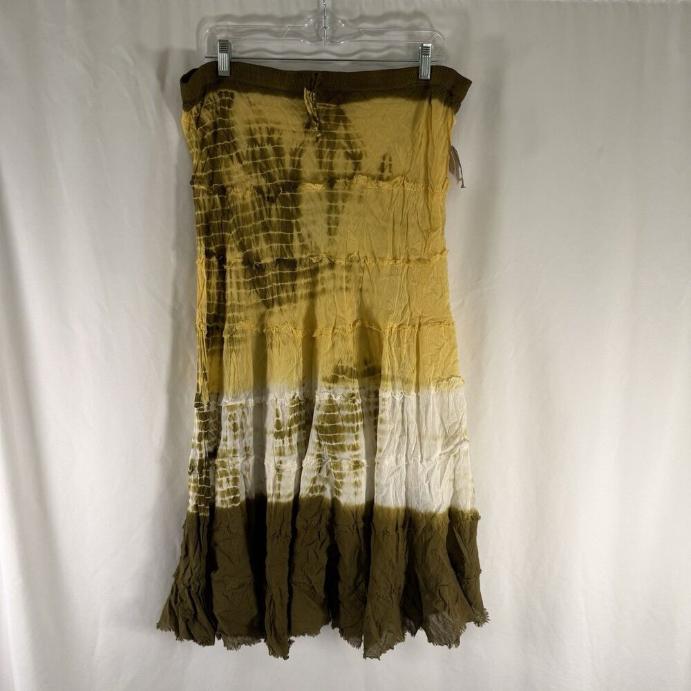 Metro Wear Midi Skirt Women's Large Yellow Green Cotton Lightweight Pull On